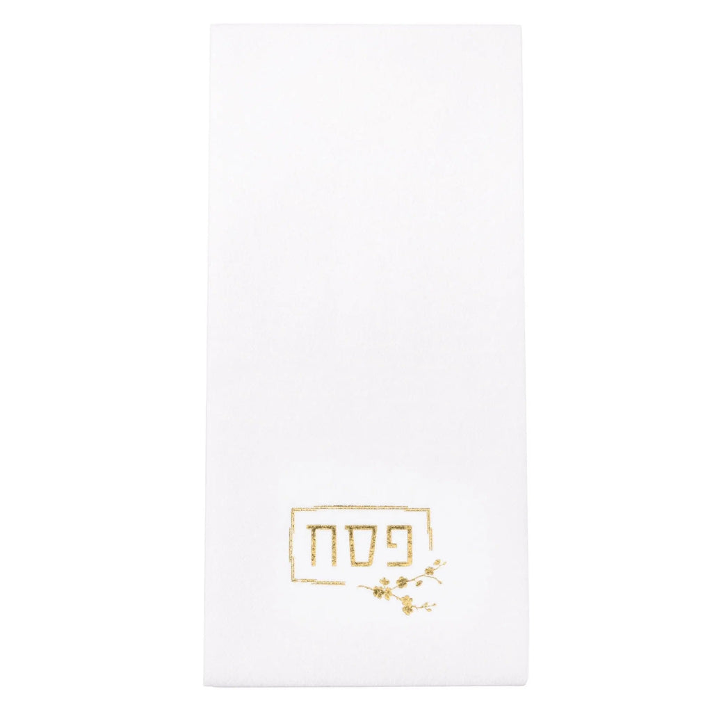 White Pesach guest towelette with gold matzah design for holiday hand washing and table settings.