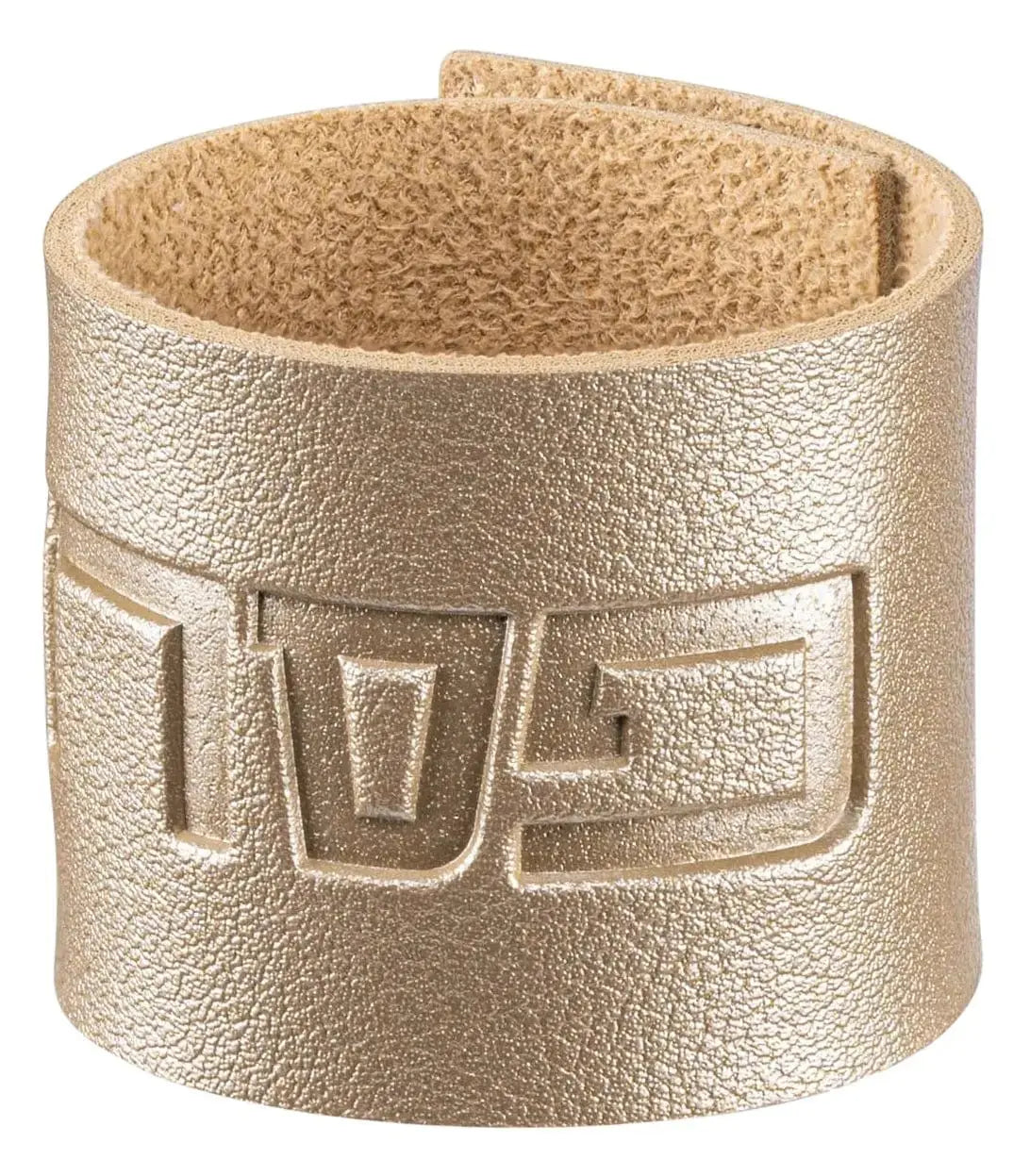 Gold leather Pesach napkin ring with embossed design for holiday table settings