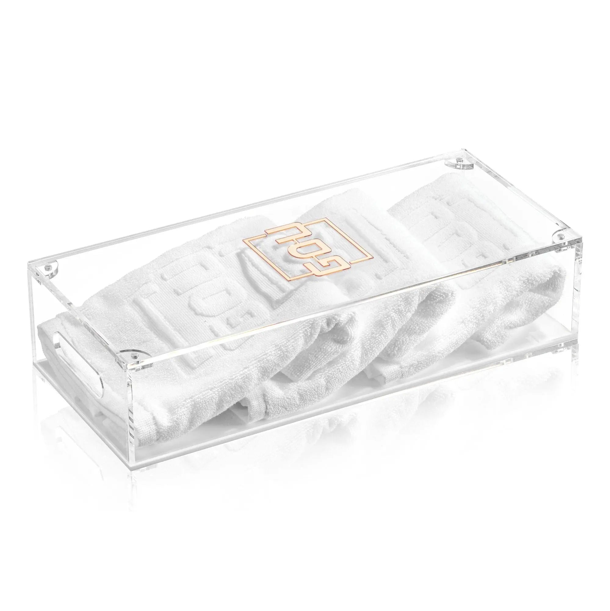 Clear acrylic Pesach towel box by Waterdale Collection containing folded white towels, ideal for Passover netilas yadayim hand washing rituals.