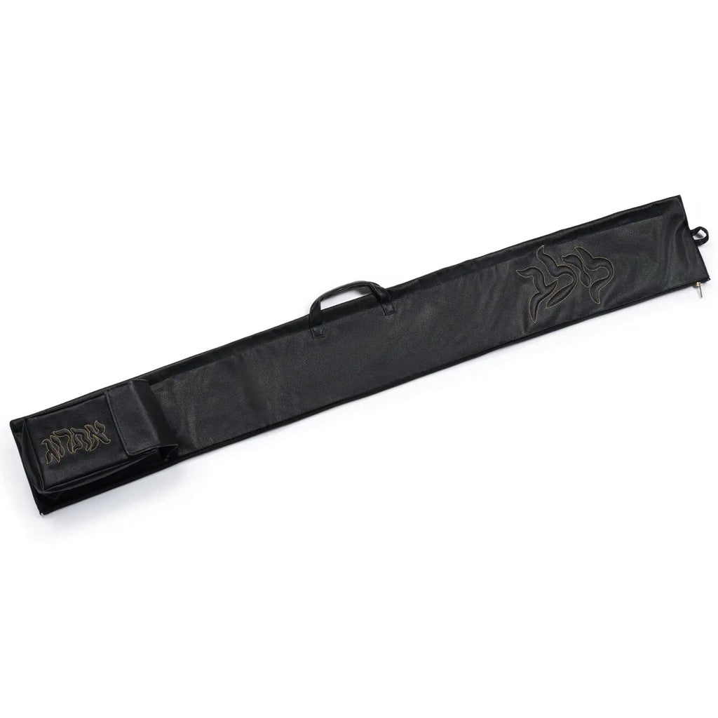 Black leather Pillow Script Lulav and Esrog case with carrying handle and textured surface for holiday storage.