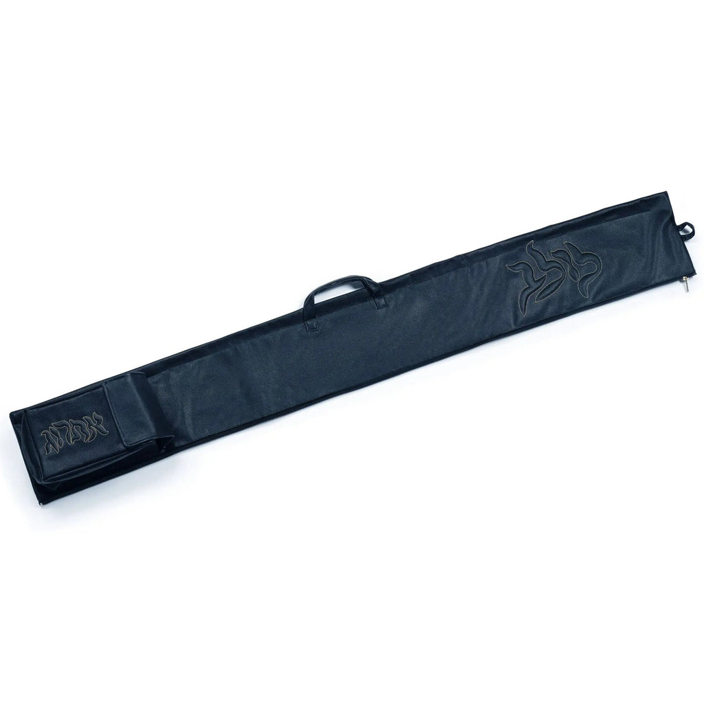 Black Pillow Script Lulav and Esrog Case with leather construction and carrying handle for Sukkot holiday storage.