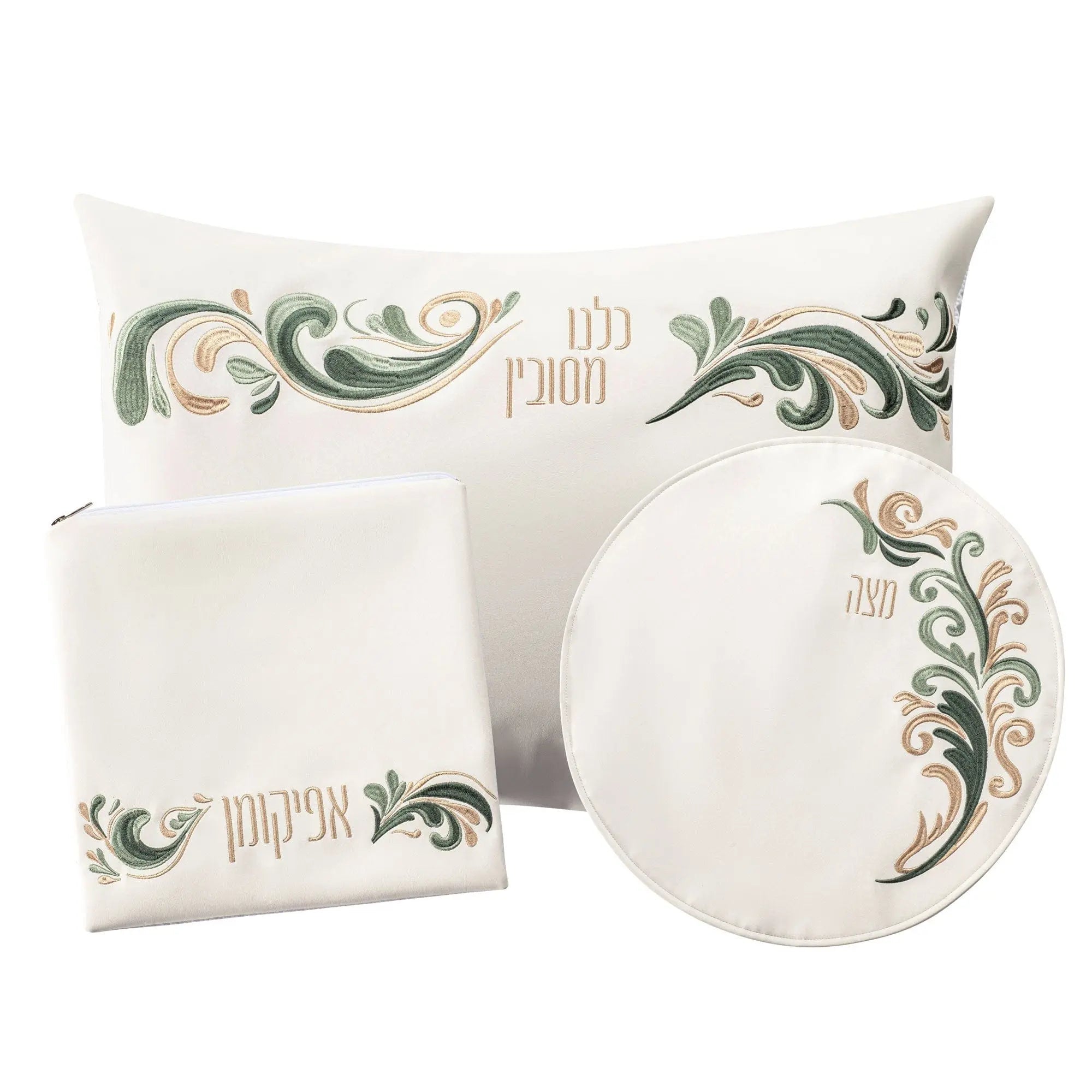 Prestige Pesach Set by Waterdale Collection featuring elegant white and gold leather tableware including plates, bowls, and matching accessories for holiday dining.