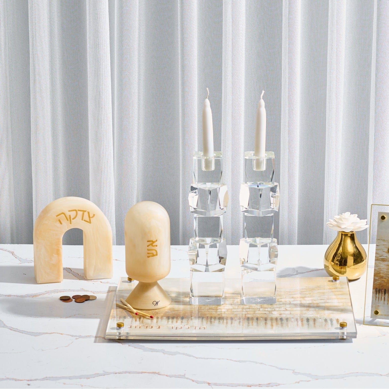 Resin arch Tzedakah box styled on an elegant Judaica display with candlesticks – Waterdale Collection