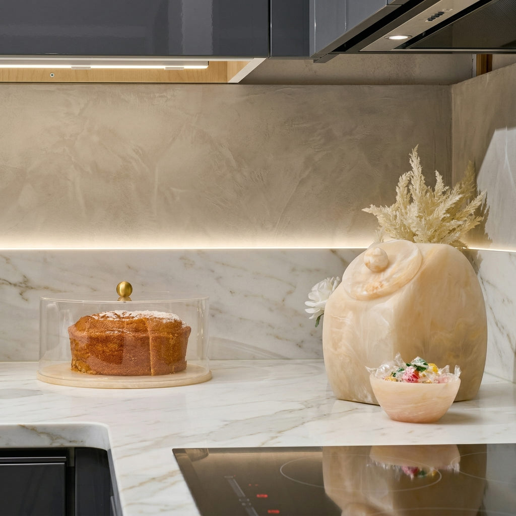 Modern Pearlstone resin cookie jar in a textured sand-taupe finish, featuring an airtight lid and minimalist arched silhouette; a durable, shatter-resistant stone-effect kitchen canister by Waterdale Collection