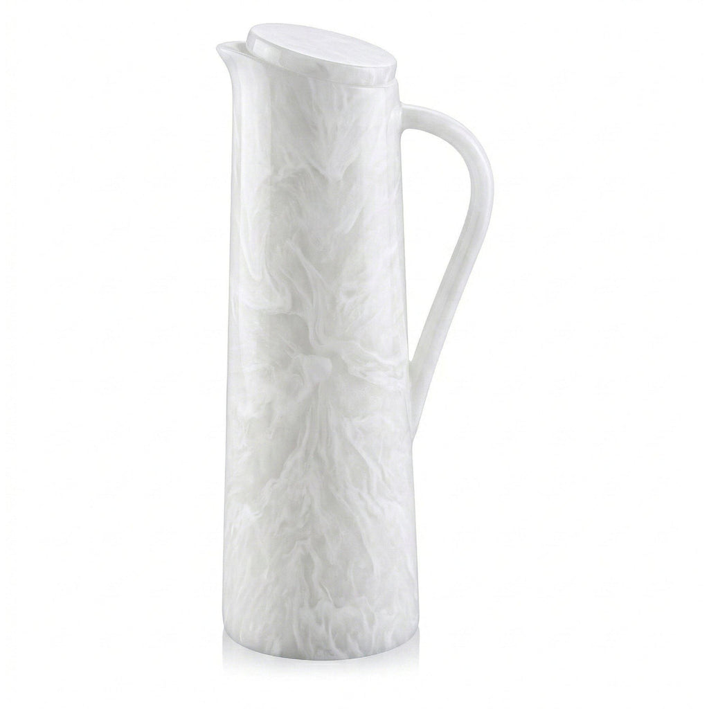 White marble-style resin pitcher with handle and lid.- Waterdale Collection
