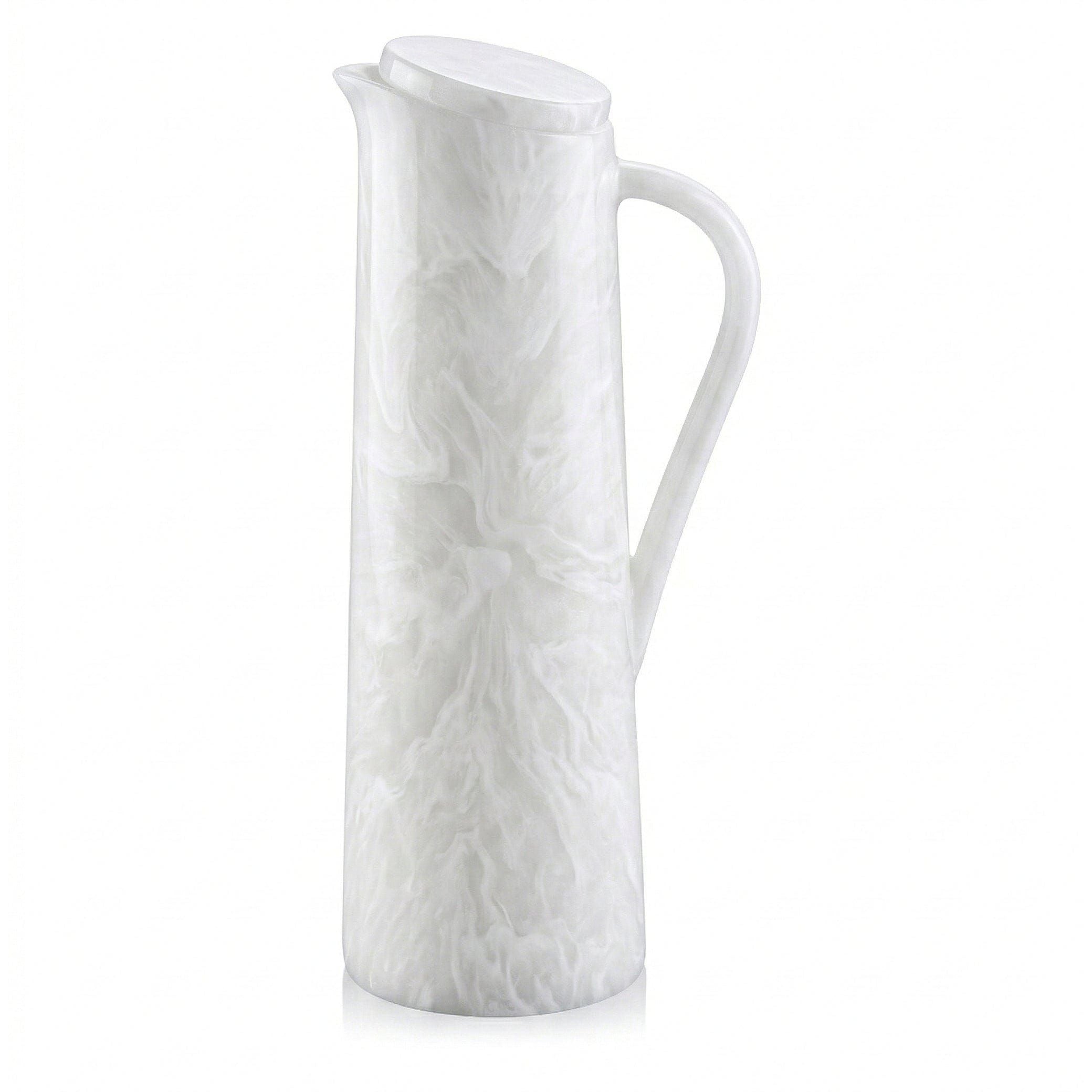 White marble-style resin pitcher with handle and lid.- Waterdale Collection