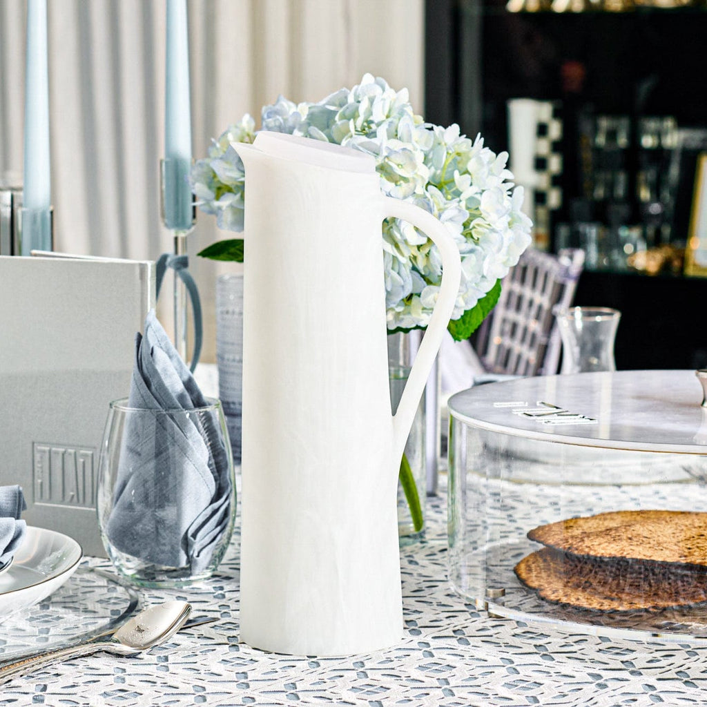 White resin pitcher styled on an elegant Shabbat table setting – Waterdale Collection