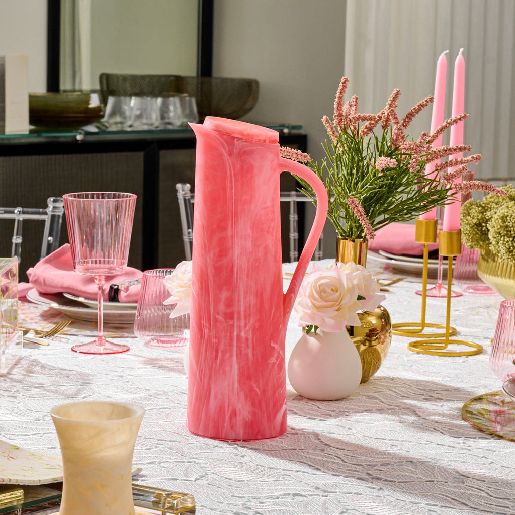 Pink resin pitcher styled on an elegant Shabbat table setting – Waterdale Collection