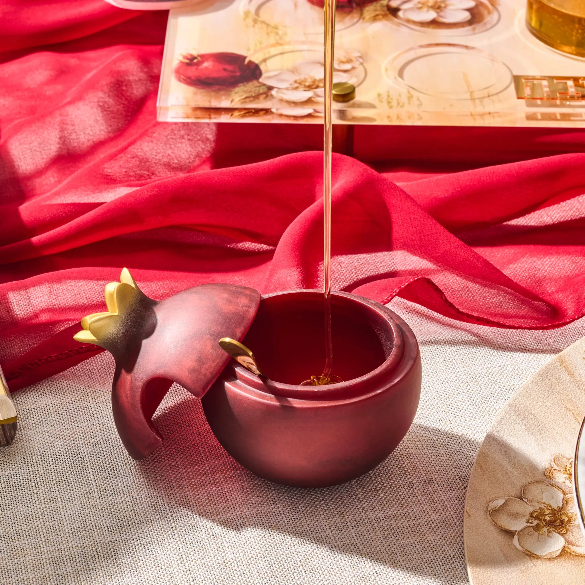 Deep red pomegranate honey dish in premium resin, Judaica for Shana Tova