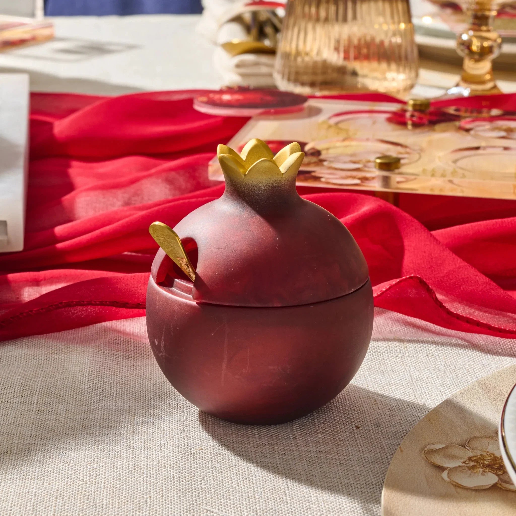 Deep red Pomegranate honey dish in premium resin, a piece of Rosh Hashanah Judaica
