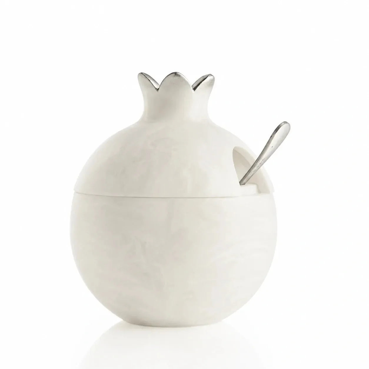 Silver resin pomegranate honey dish with metallic accents for Rosh Hashanah