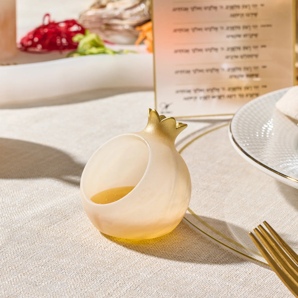 Gold resin pomegranate honey dish from the set of four, with its mini spoon
