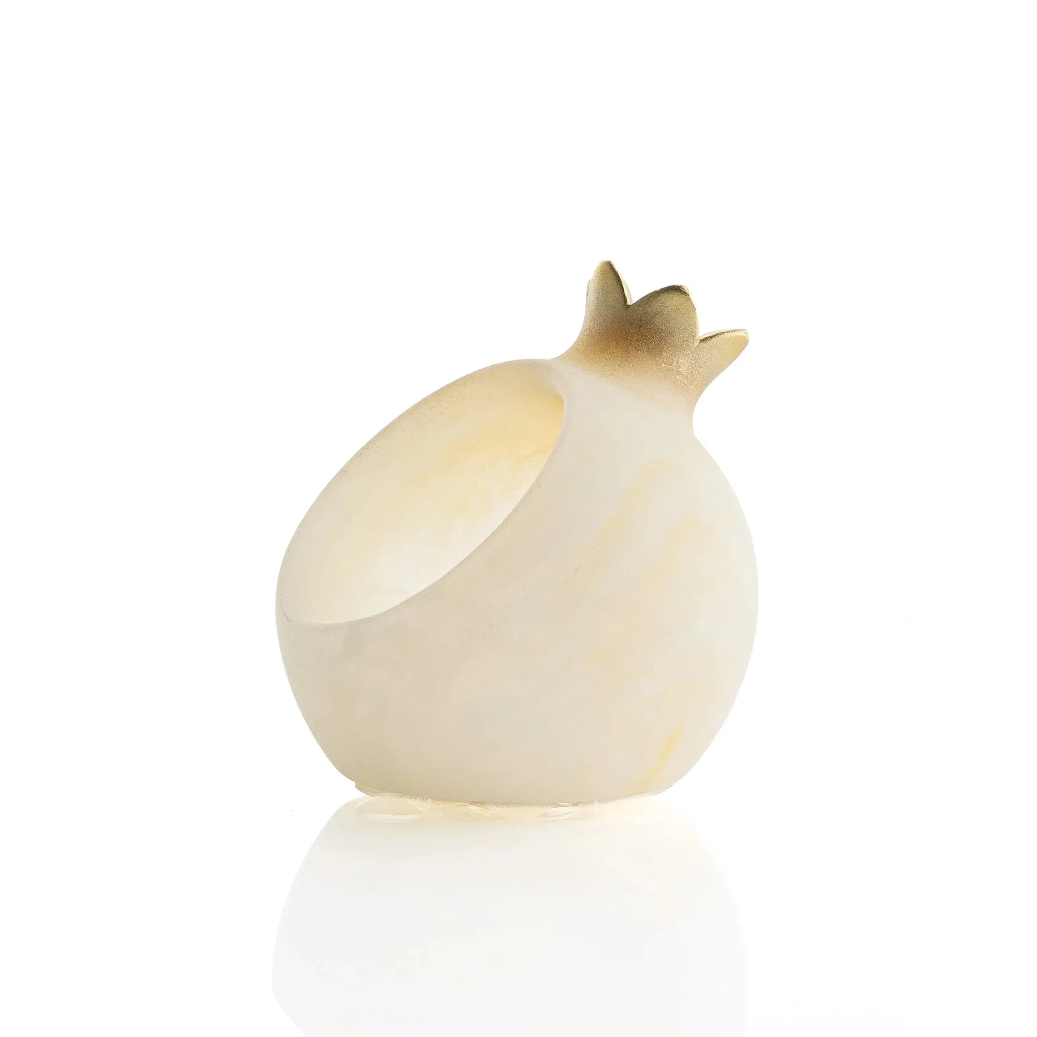 Gold pomegranate honey dish set styled on a Rosh Hashanah tablescape