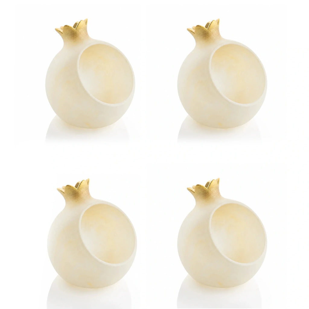 Gold resin pomegranate honey dishes, set of 4 with mini spoons, from Waterdale Collection