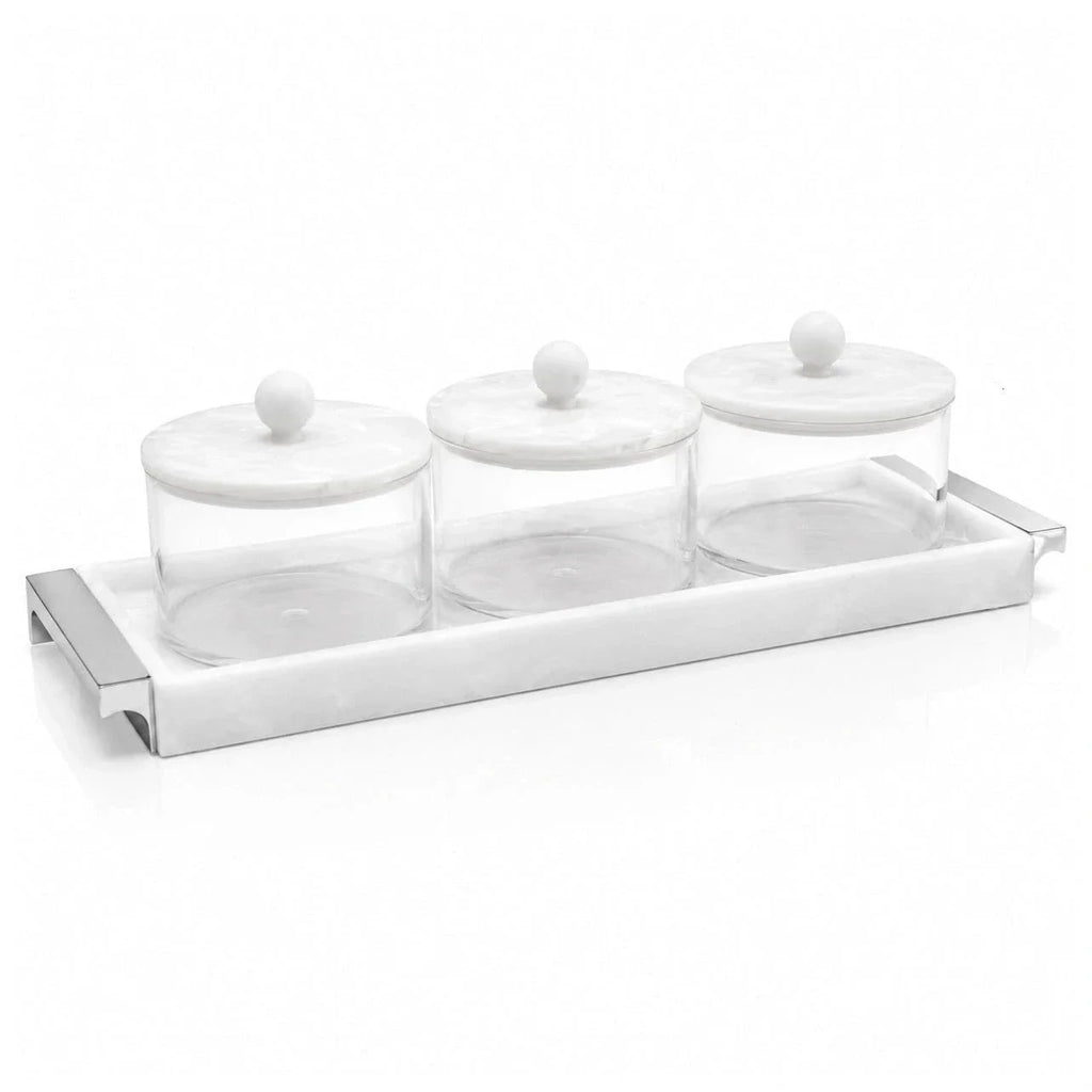 Silver Resin Rectangle Dip Bowl Set with Tray & Spoons | 3 dip bowls with 3 silver spoons and a resin tray holder 
