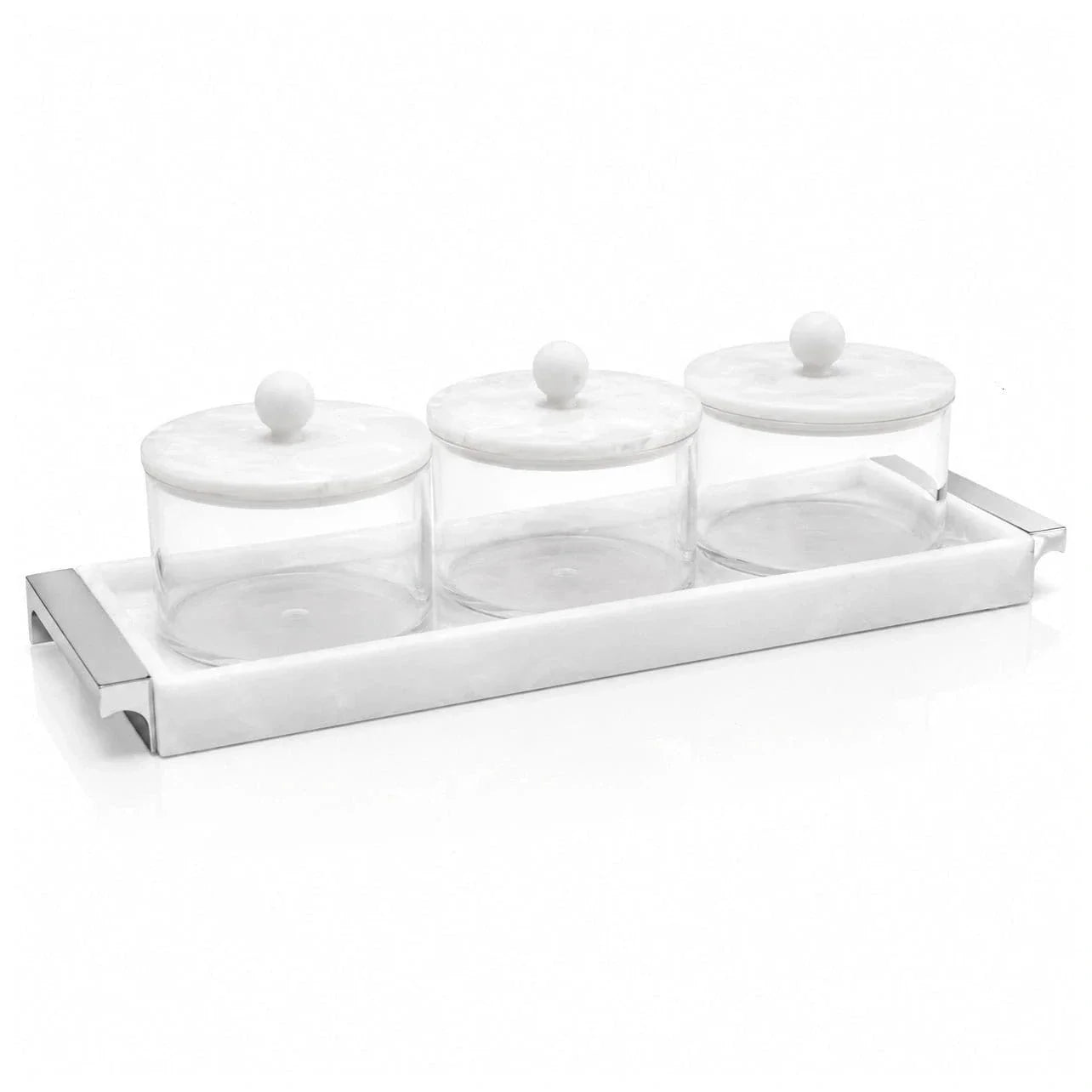 Silver Resin Rectangle Dip Bowl Set with Tray & Spoons | 3 dip bowls with 3 silver spoons and a resin tray holder 