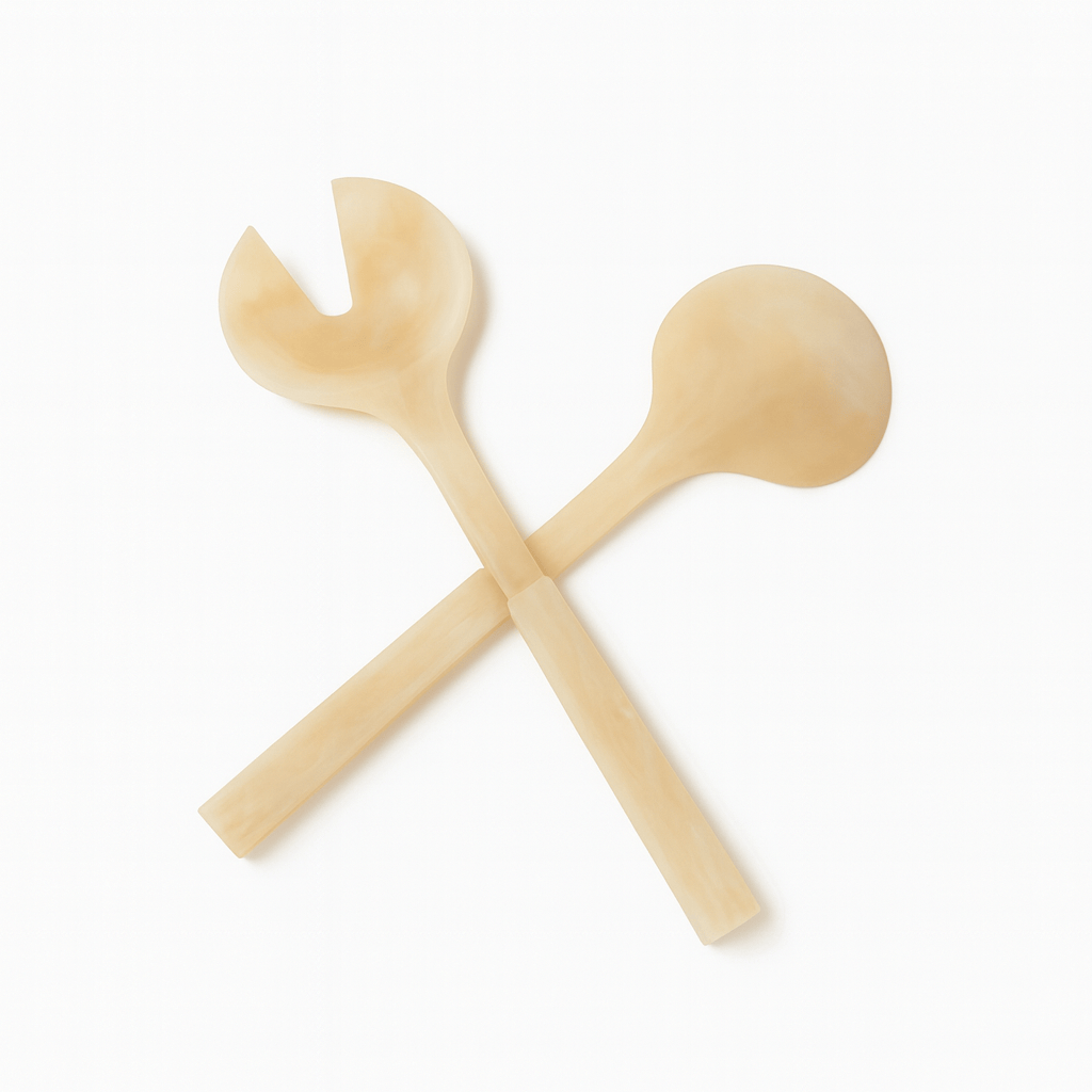 Resin Salad Servers featuring elegant marbleized finish with smooth rounded handles, modern serving utensils perfect for Shabbos, Yom Tov.