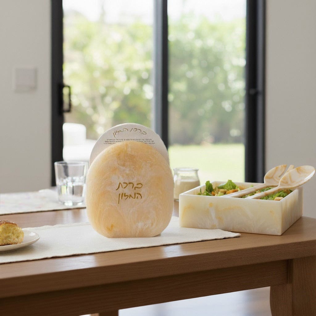 Resin Salad Servers set featuring elegant marbled cream tones, including a matching square salad bowl and coordinating serving spoons, beautifully crafted for Shabbos and Yom Tov tables.