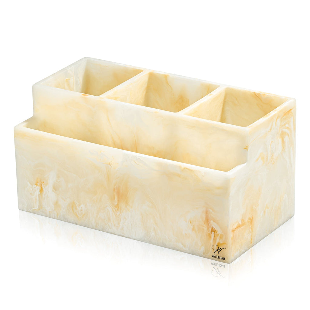 Gold marbleized resin silverware caddy with 3 utensil compartments and a napkin holder slot, modern Shabbat and Yom Tov table organizer by Waterdale Collection.