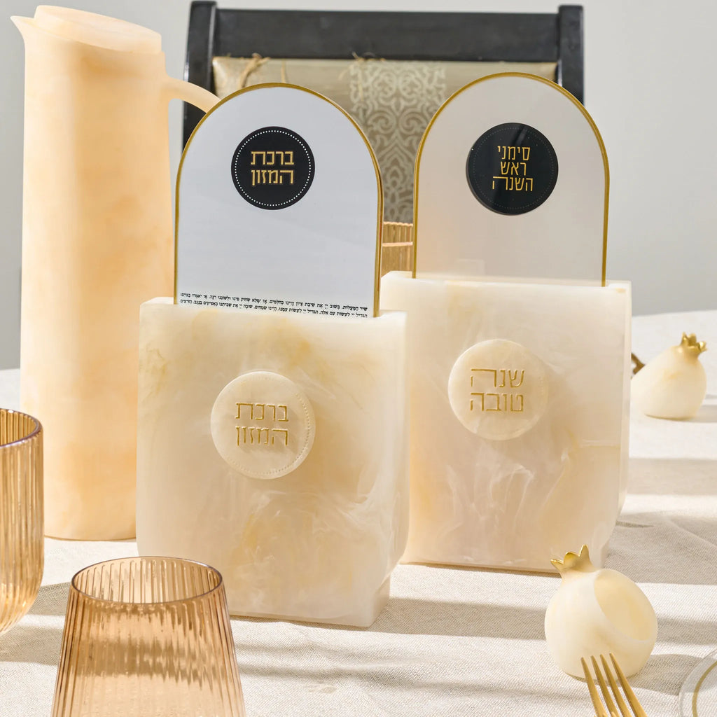 Resin Simanim card set holding the blessings upright for Rosh Hashana