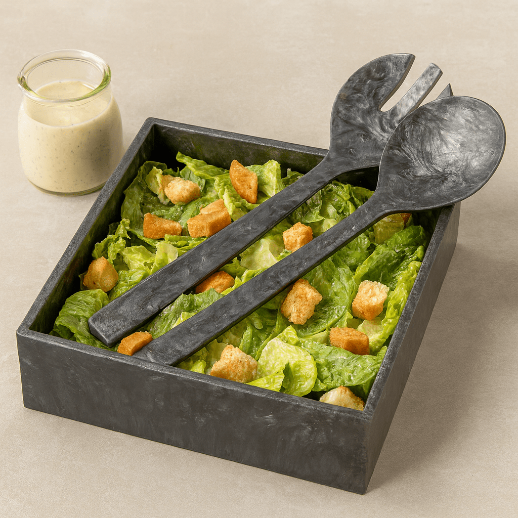 Resin Square Salad Bowl with fresh Caesar salad with croutons. Served with creamy dressing on the side.