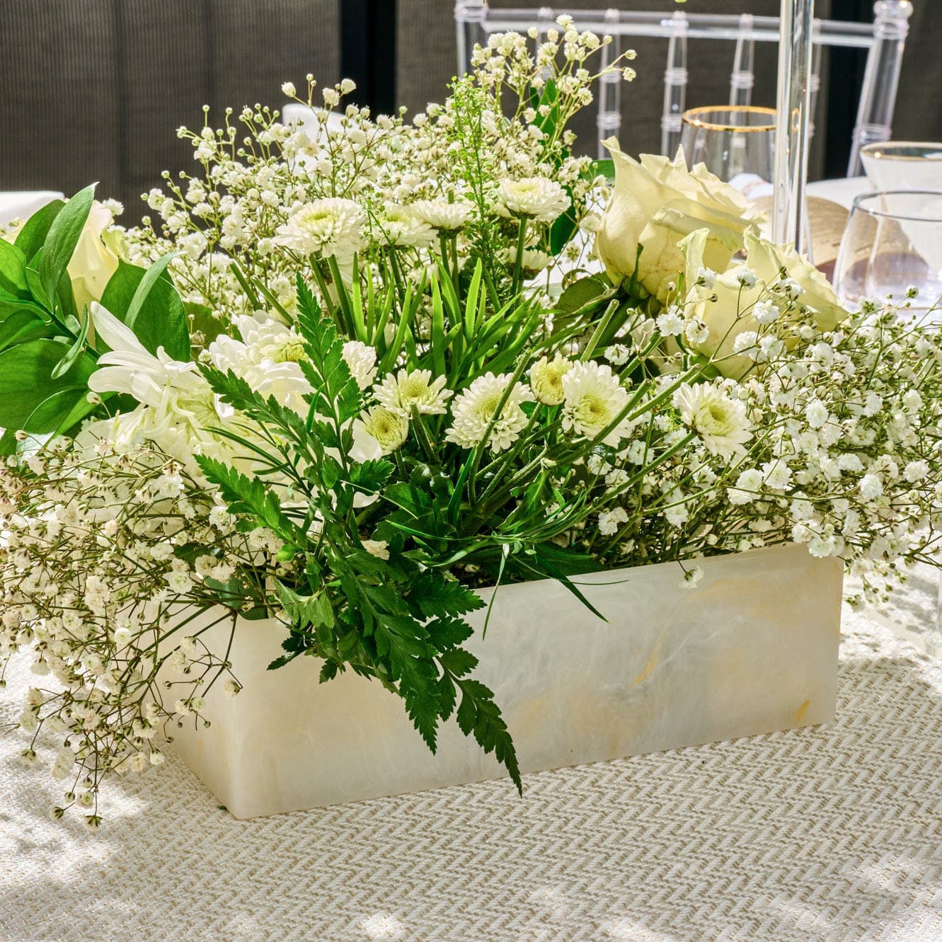 Resin Square Salad Bowl with white marble-look finish and silver-rimmed edges for elegant food serving.