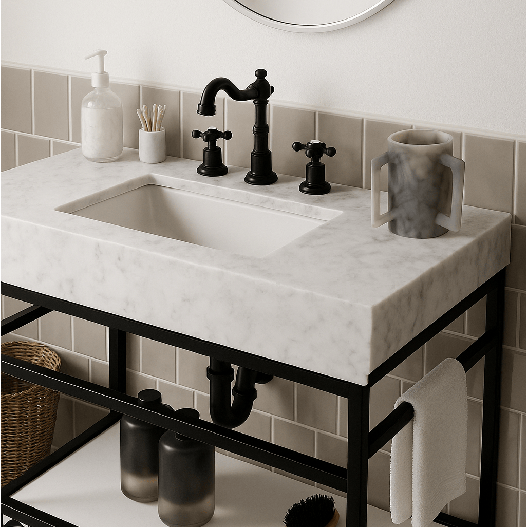 Matte gray resin washing cup shown on a modern white marble bathroom vanity next to a black three-hole widespread faucet - Waterdale Collection