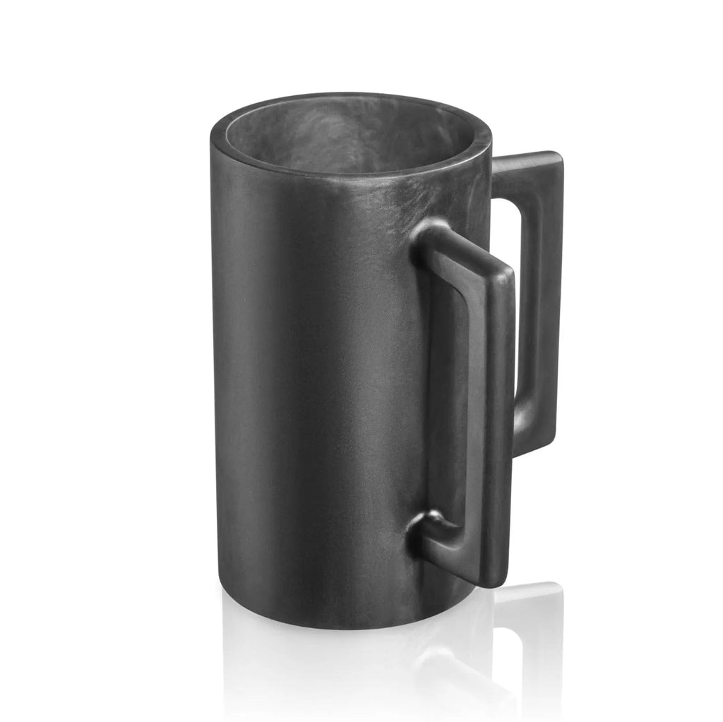 Black resin washing cup with dual handles, cylindrical design, modern tabletop style for kitchen or bathroom use.