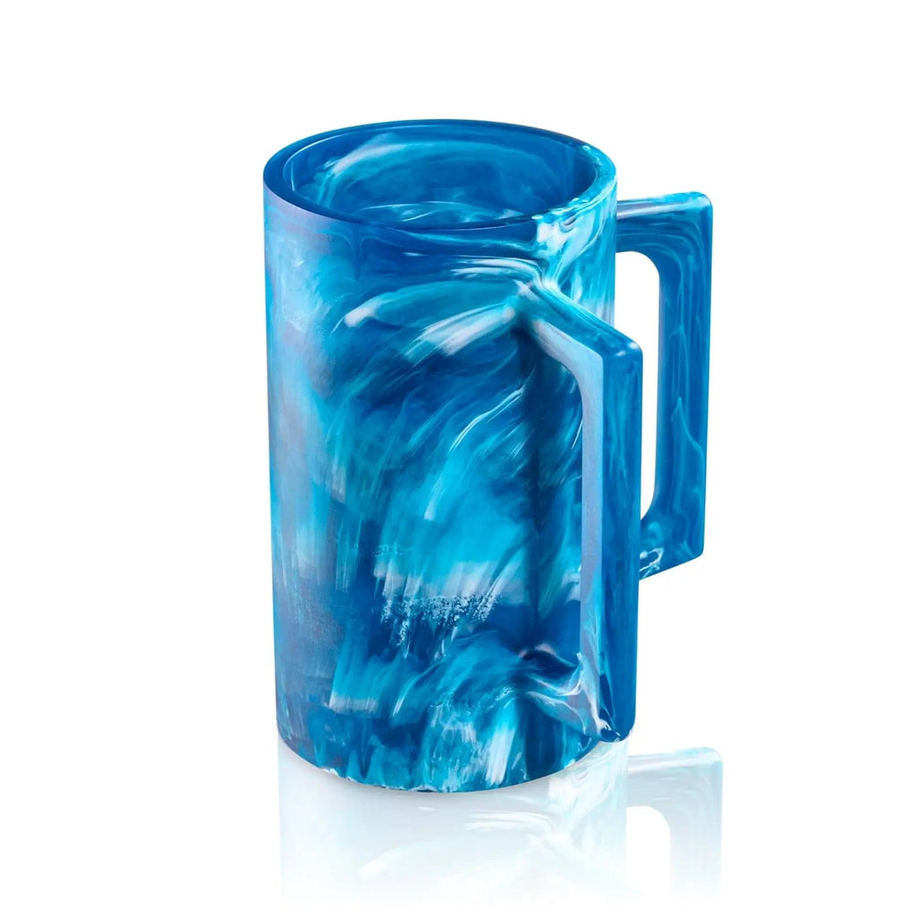 Blue marbled resin washing cup with handle, featuring swirled design and smooth finish on white background