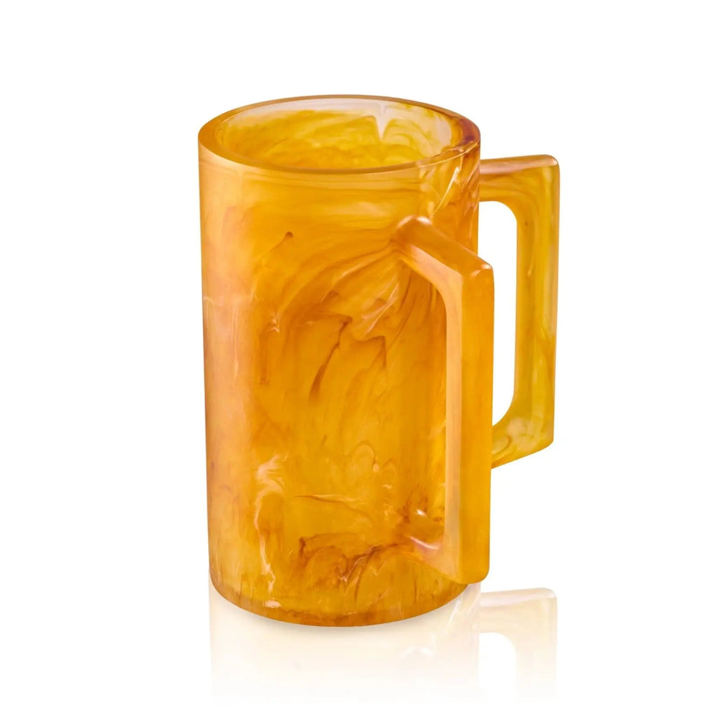 Amber resin washing cup with handle by Waterdale Collection, featuring warm golden tones and translucent material for bathroom or tabletop use.