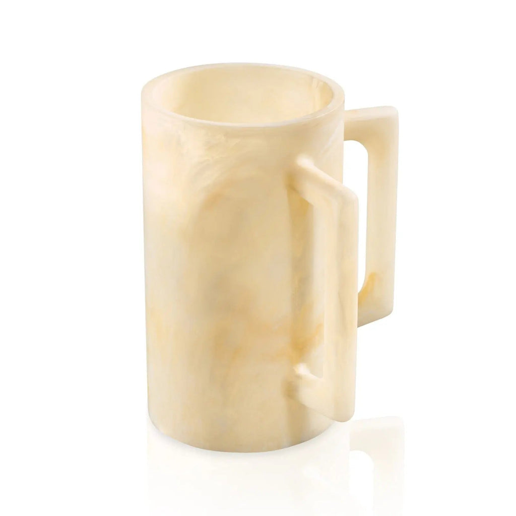 Cream-colored resin washing cup with handle, shown from front angle displaying smooth finish and classic cylindrical design for bathroom or ritual use.