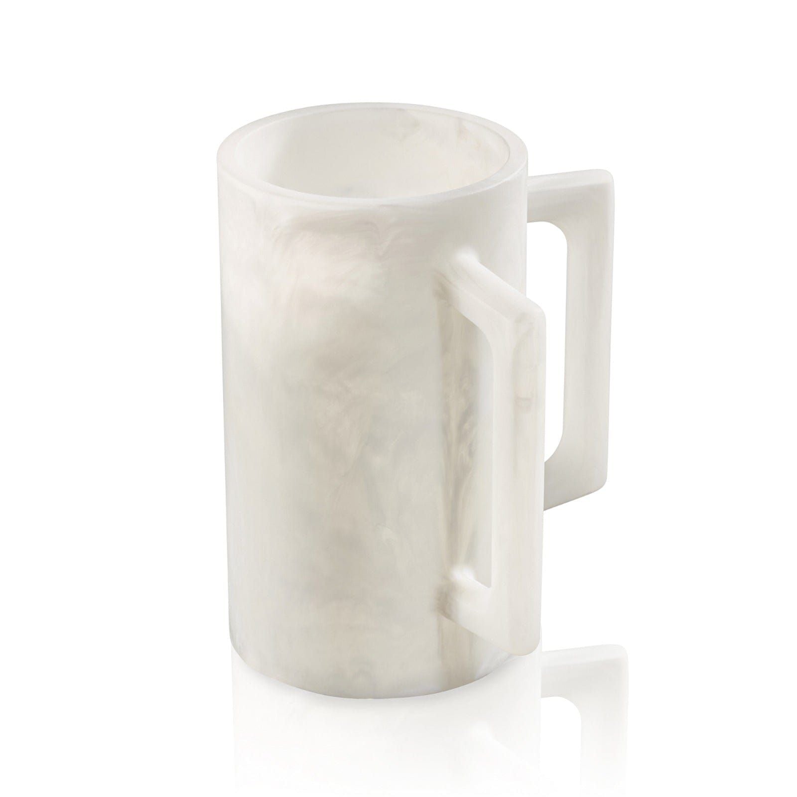 Cream marbled resin washing cup featuring soft neutral swirls and a sleek rectangular handle.