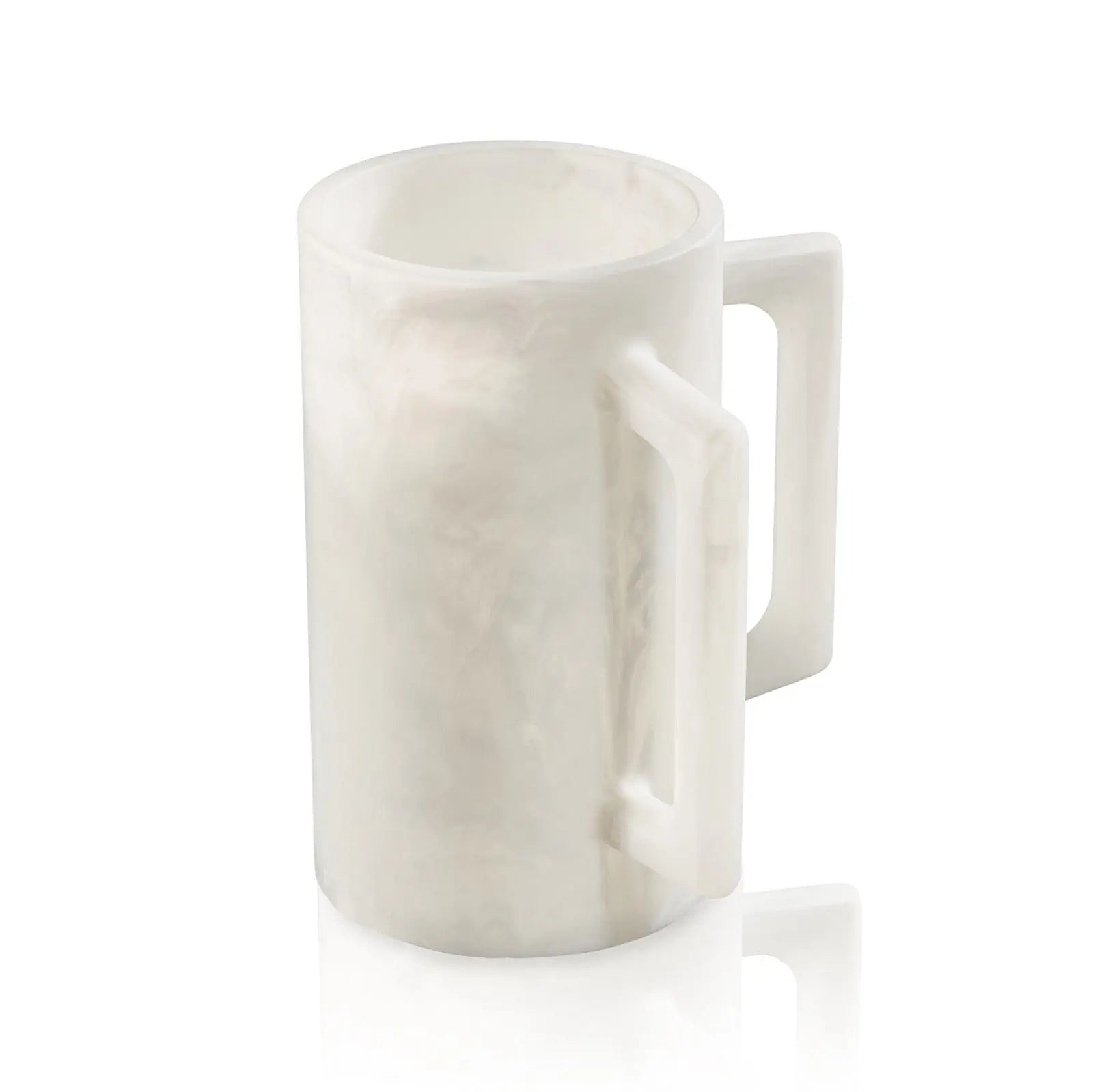 Cream-colored resin washing cup with textured surface and white handle, displayed against white background for bathroom use.