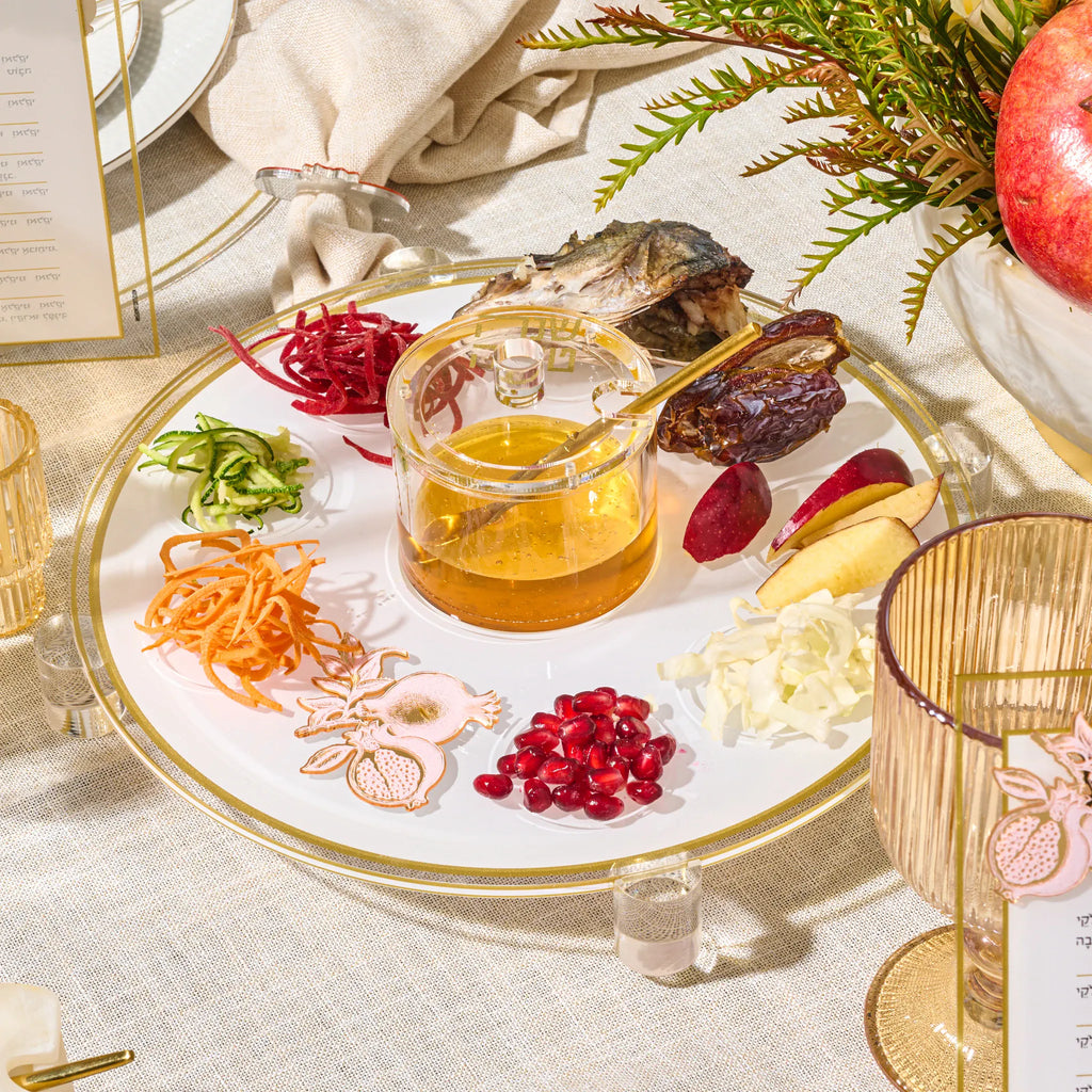 Round Simanim tray with a built-in Shana Tova honey jar for Rosh Hashana