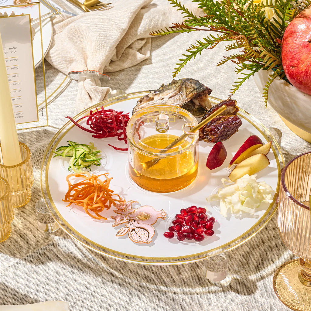 Simanim tray on raised metallic feet for the Jewish New Year (ראש השנה)