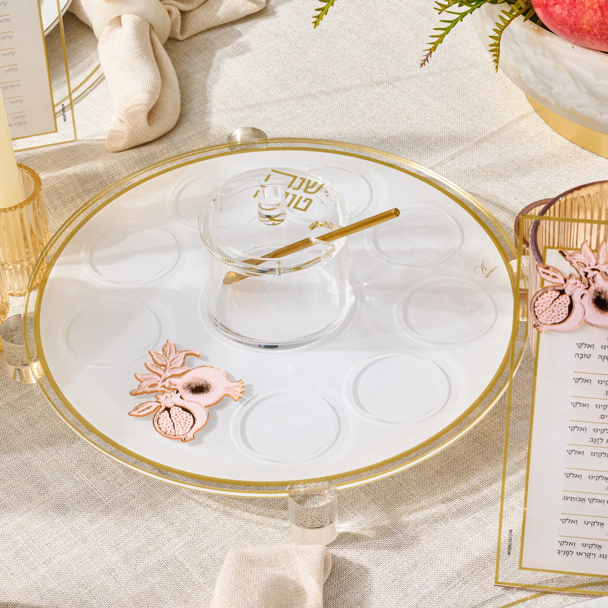 Gold Classic pomegranate Simanim tray in clear Lucite for Rosh Hashanah