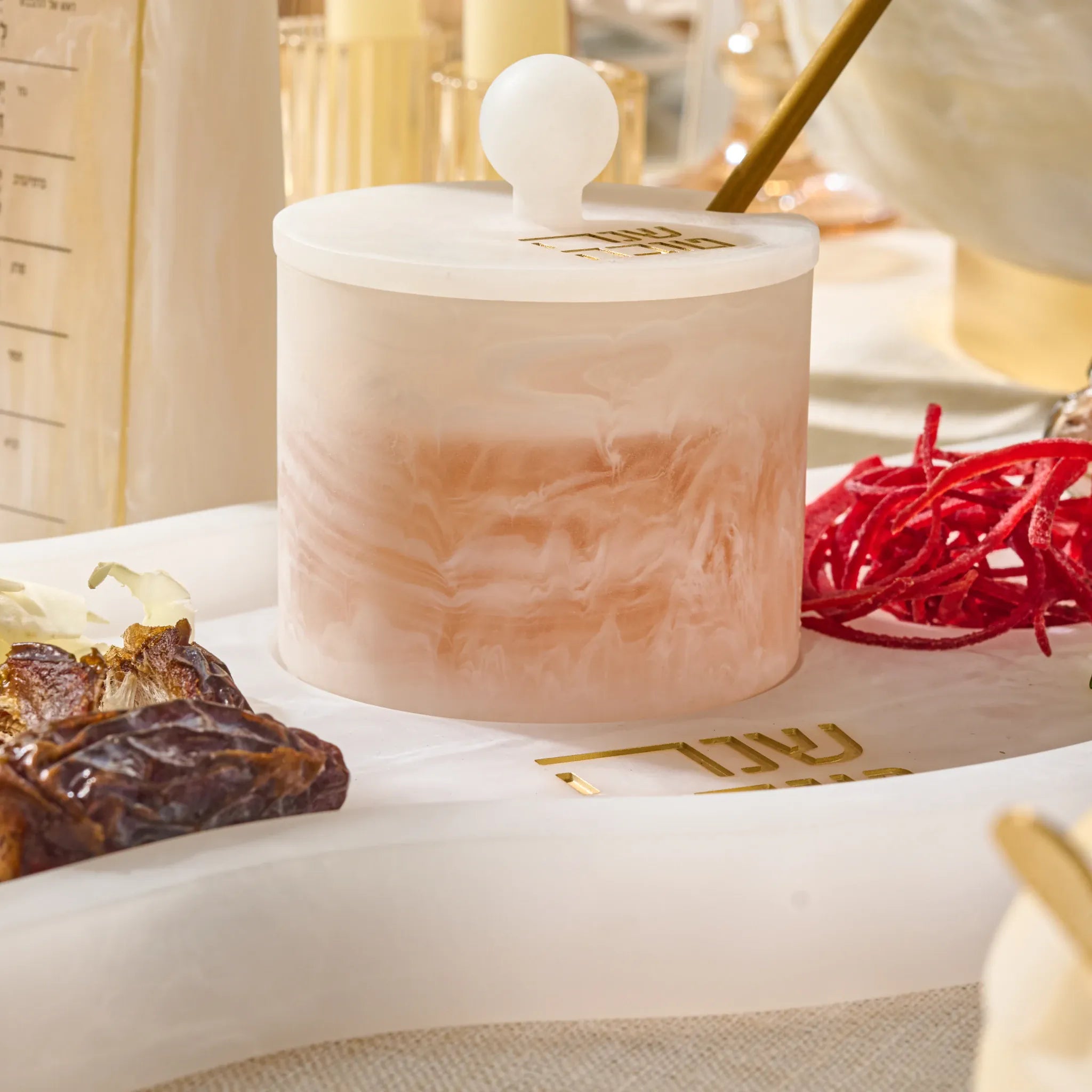 Curved resin Simanim tray holding the Rosh Hashana simanim foods