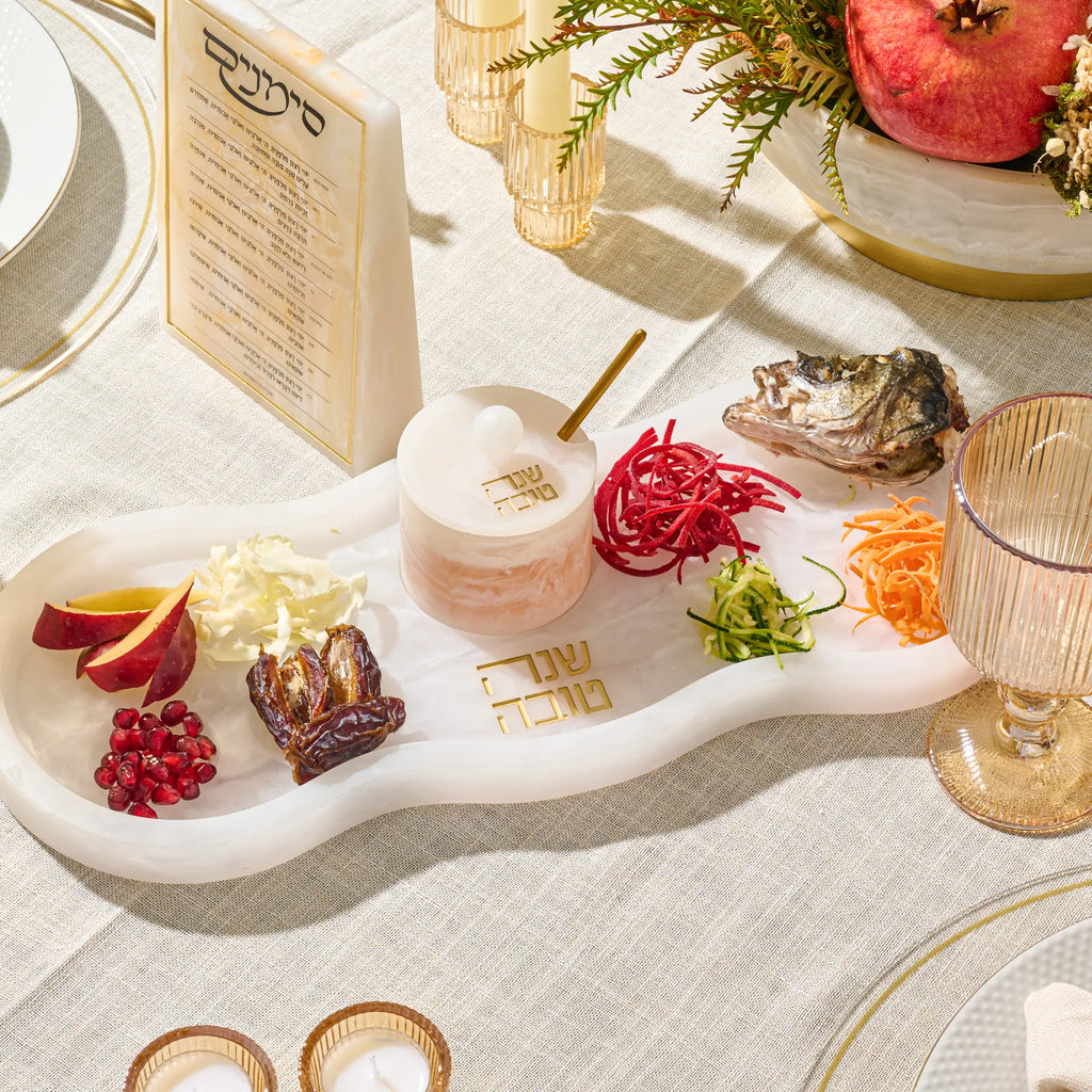 Marble resin Simanim tray, 17" long, engraved Shana Tova for Rosh Hashanah
