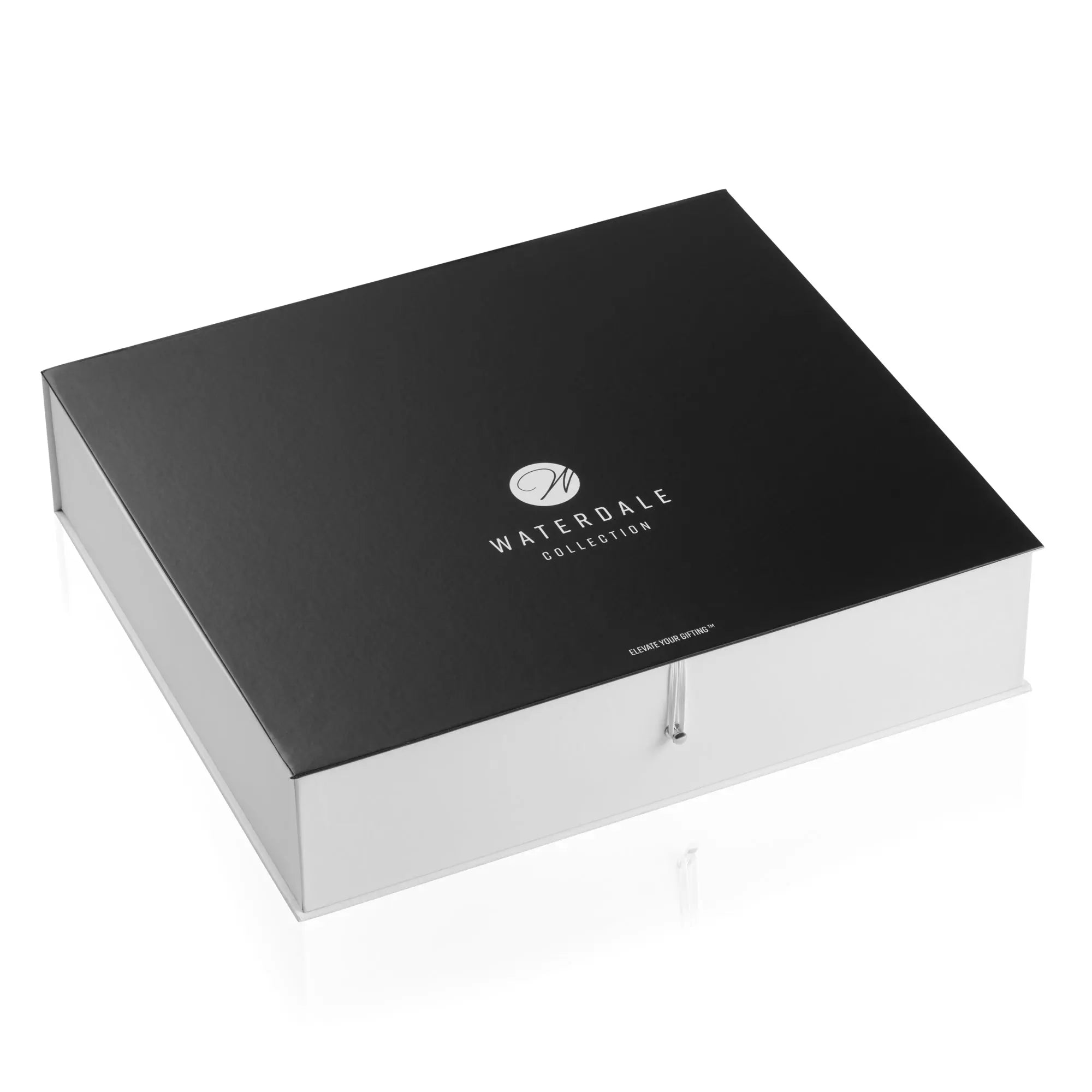 Classic 2.0 Hadlokas Neiros gift box by Waterdale Collection with black lid and white base, containing Shabbat candle lighting set