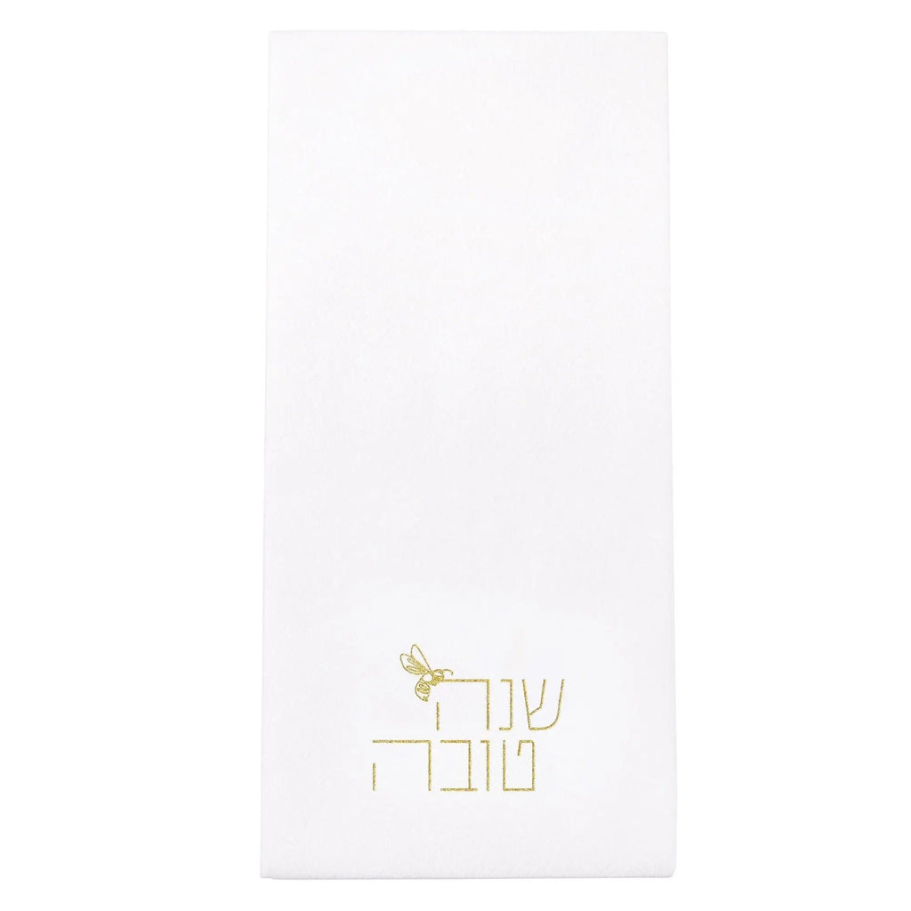 White Rosh Hashana guest towelettes with gold line art design, perfect for holiday table settings and hand washing stations.