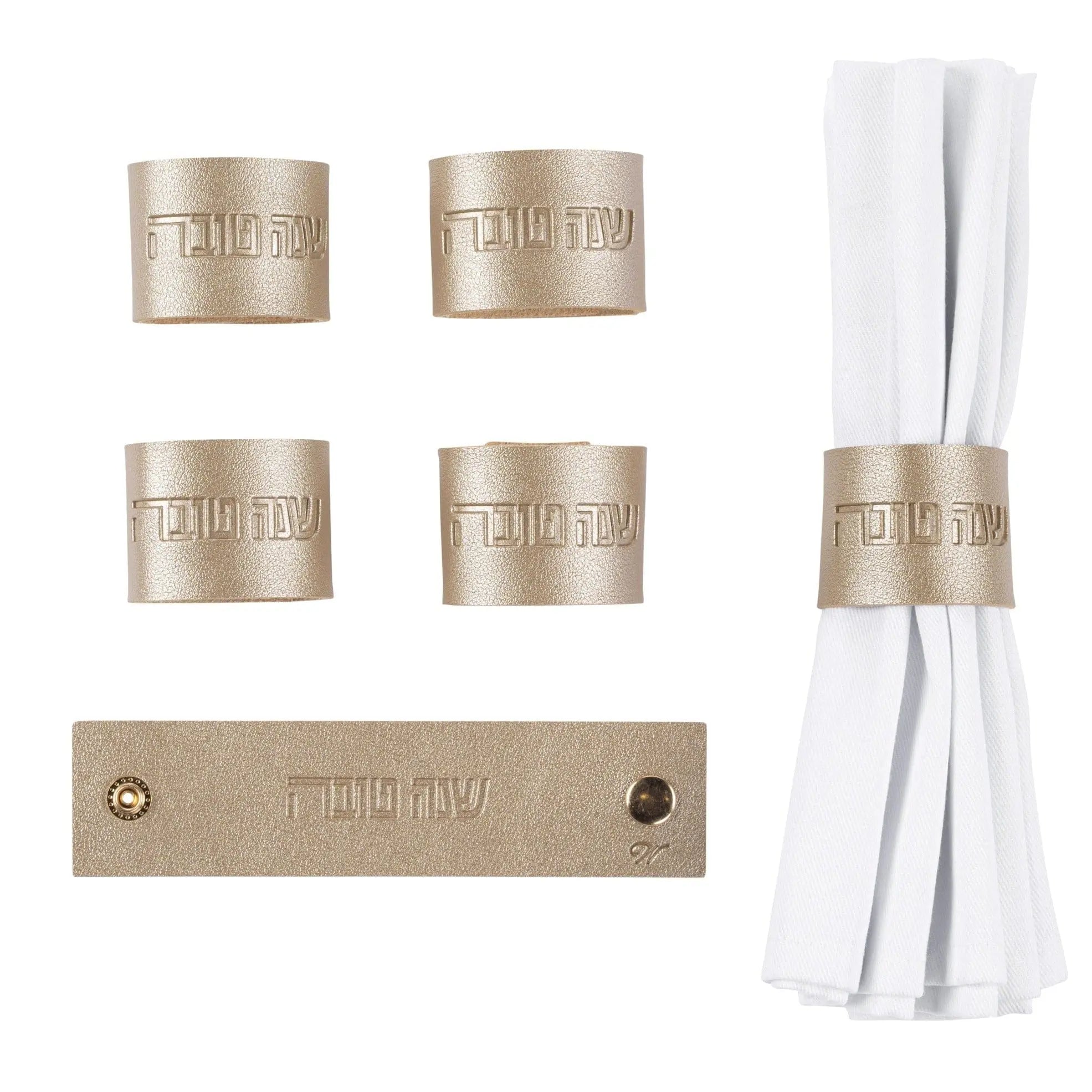 Set of six gold leatherette napkin wraps for Rosh Hashana with matching tan storage band by Waterdale Collection.