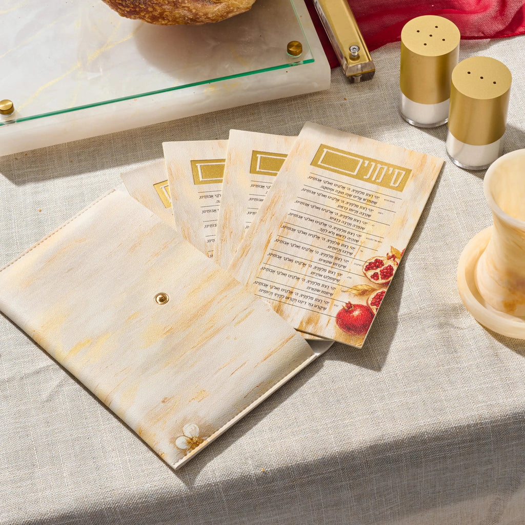 Four Simanim cards with the Rosh Hashana blessings and a snap-closure pouch