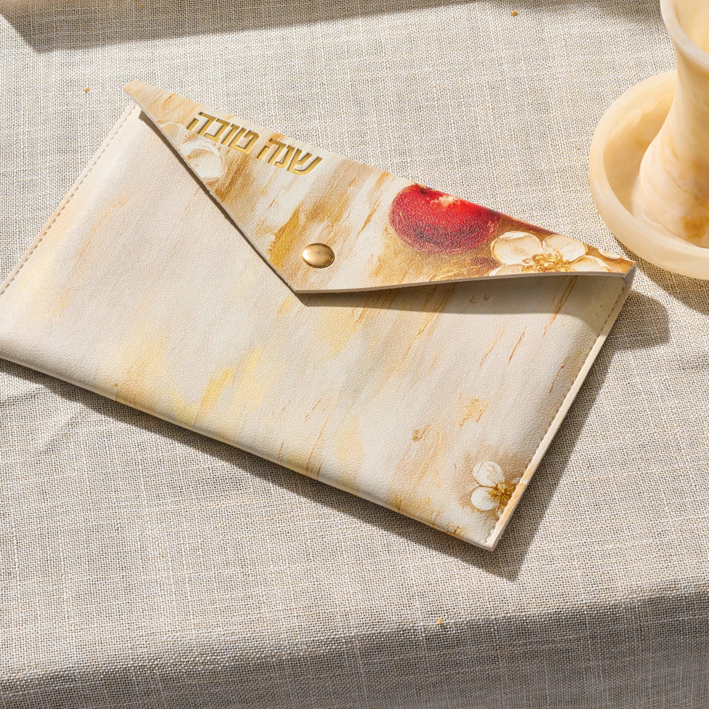 Pomegranate Simanim card set stored flat in its leatherette pouch (ראש השנה)
