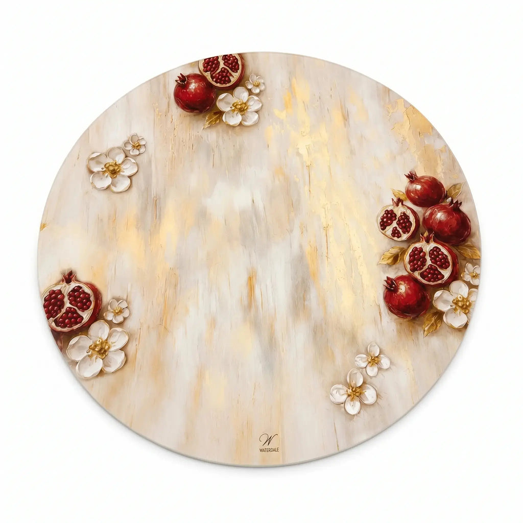 Painted pomegranate charger layered under a Jewish New Year place setting (ראש השנה)