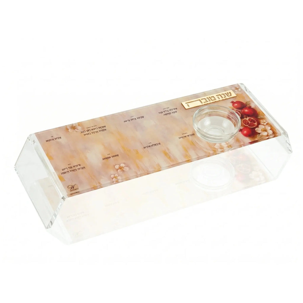 Set of 4 raised acrylic Simanim trays with painted pomegranate artwork