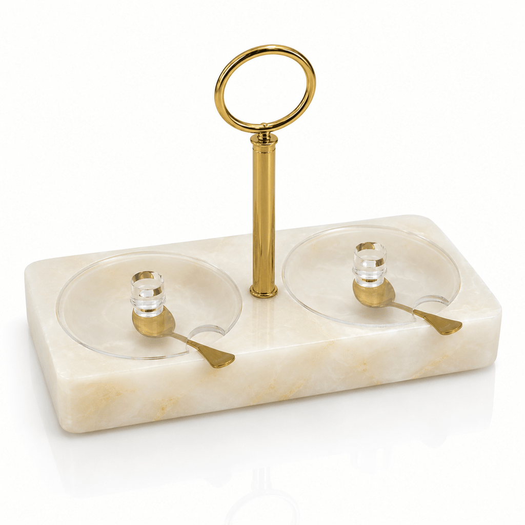 Resin honey and salt double dish with covers and spoon, from Waterdale Collection