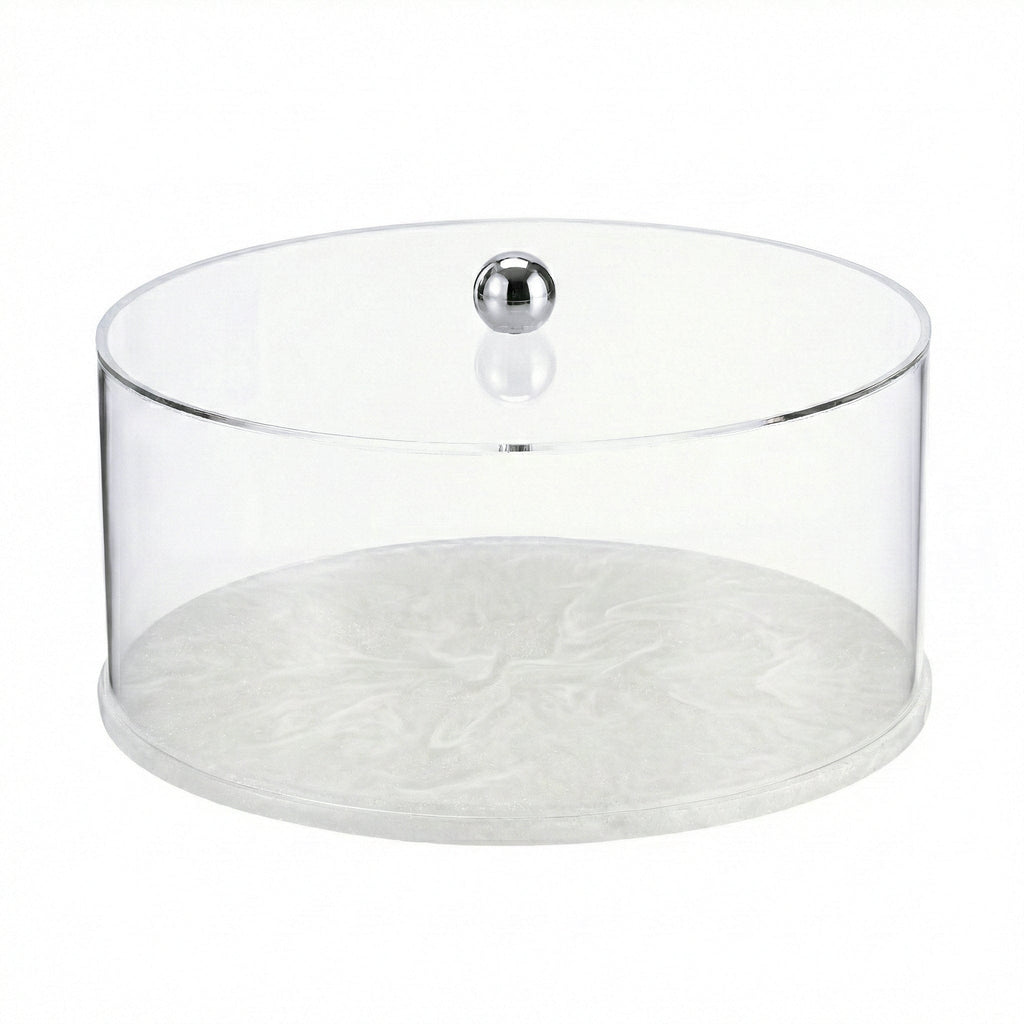 Round Resin Cake Dome featuring a clear acrylic cover with a sleek silver-tone knob and a coordinating marbled pearl resin base.