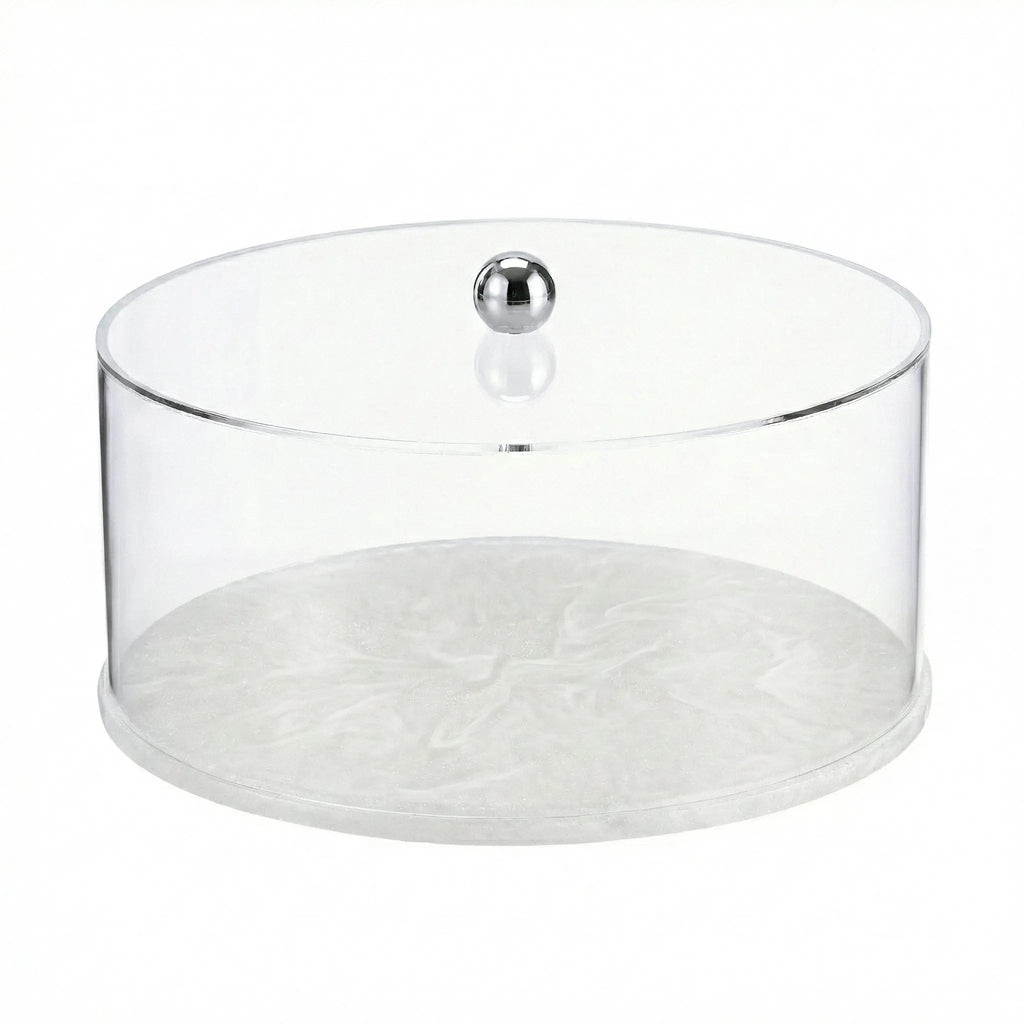 Round Resin Cake Dome featuring a clear acrylic cover with a sleek silver-tone knob and a coordinating marbled pearl resin base.
