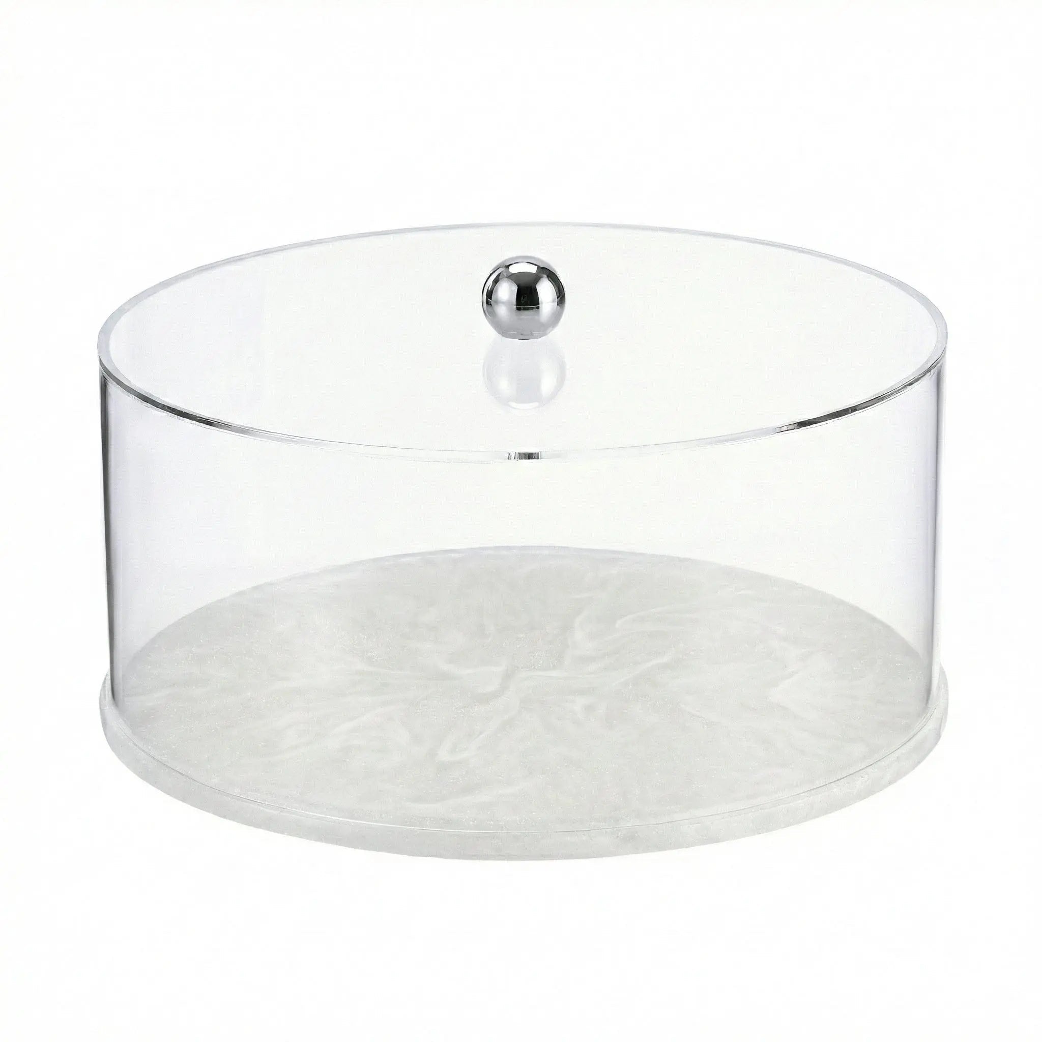 Round Resin Cake Dome featuring a clear acrylic cover with a sleek silver-tone knob and a coordinating marbled pearl resin base.