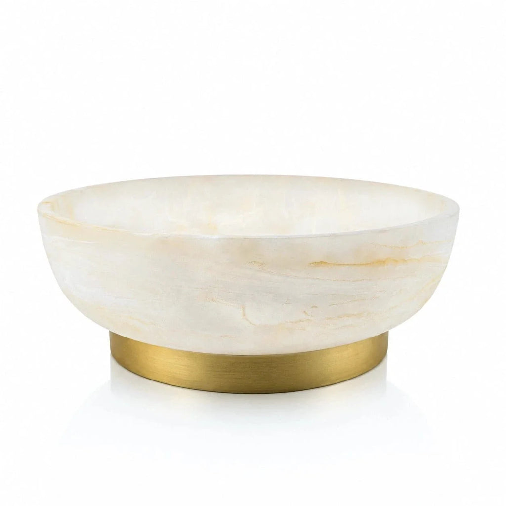 A round gold resin centerpiece bowl with a brushed gold metal base, shown on a clean white background.